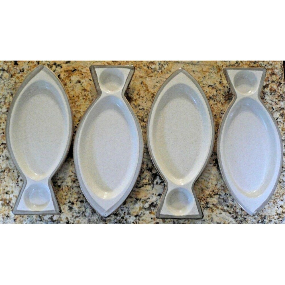 Rego Stoneware Set (s) of 4 Fish Shaped Seafood Server Plates Platters Speckled